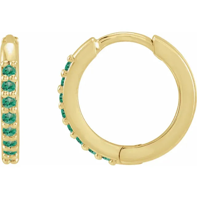 14K Yellow Lab-Grown Emerald Hinged 12.5 mm Hoop Earrings