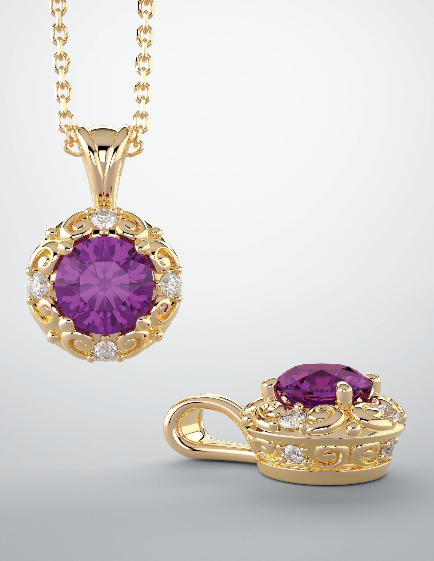 14kt yellow gold necklace with 6mm amethyst & 1/8ctw diamonds