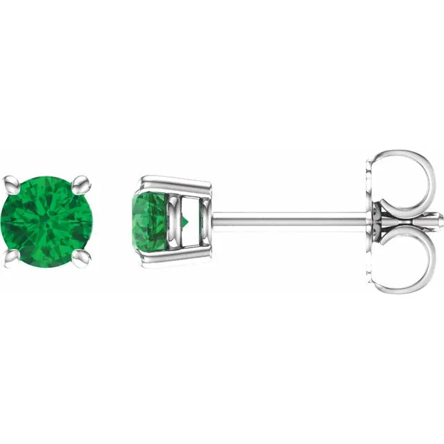 14K White 4 mm Lab-Grown Emerald Earrings